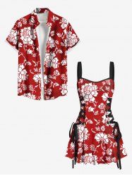 Floral Leaves Two Tone Print Matching Hawaii Beach Outfit For Couples -  