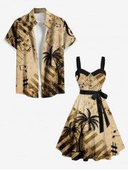 Distressed Coconut Tree Music Symbol Piano Print Plus Size Matching Hawaii Beach Outfit For Couples -  