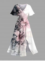 Plus Size Contrast Color Flowers Print Split Hawaii Midi Dress -  