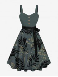 Plus Size Tropical Leaf Flowers Print Buttons Turn Down Collar Hawaii Dress With Belt -  
