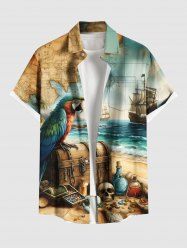 Plus Size Distressed Sailboat Sea Wave Map Parrot Treasure Chest Skull Print Hawaii Vintage Cruise Shirt For Men -  