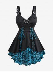 Plus Size Floral Flocking Tulip Hem Layered Ruffles Lace Up Ruched Heart Buckles Tank Top -  