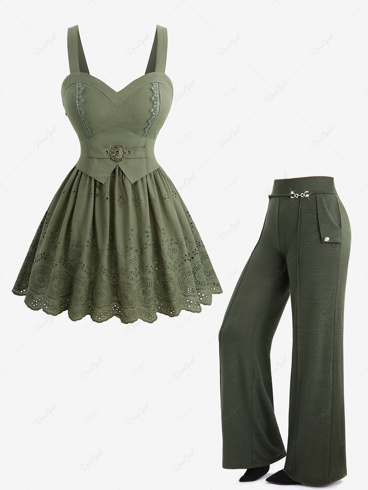 Hot Hollow Out Embroidery Lace Trim Tank Top and Buttons Wide Leg Pants Plus Size Outfit  