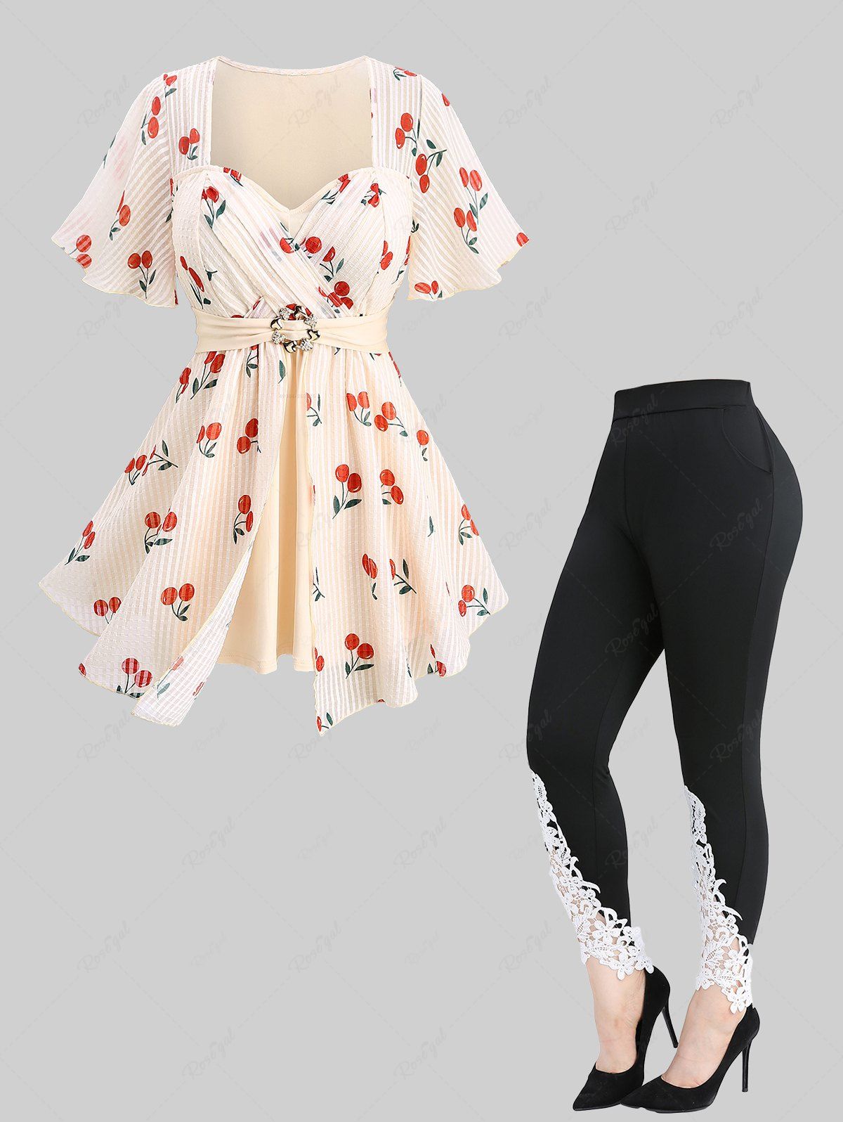 Buy Cherry Fruit Waffle Plaid Print Buckle Crisscross Ruched Blouse and Appliques Leggings Plus Size Outfit  