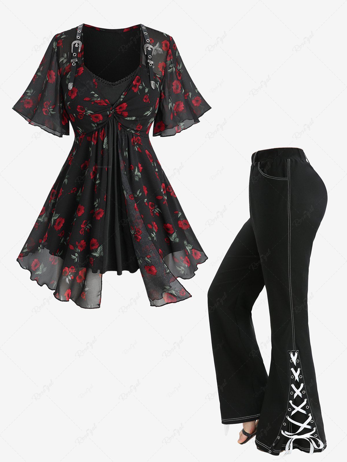 New Flower Leaf Print Twist PU Strap 2 in 1 Blouse and Split Lace Up Pocket Flare Pants Plus Size Outfit  