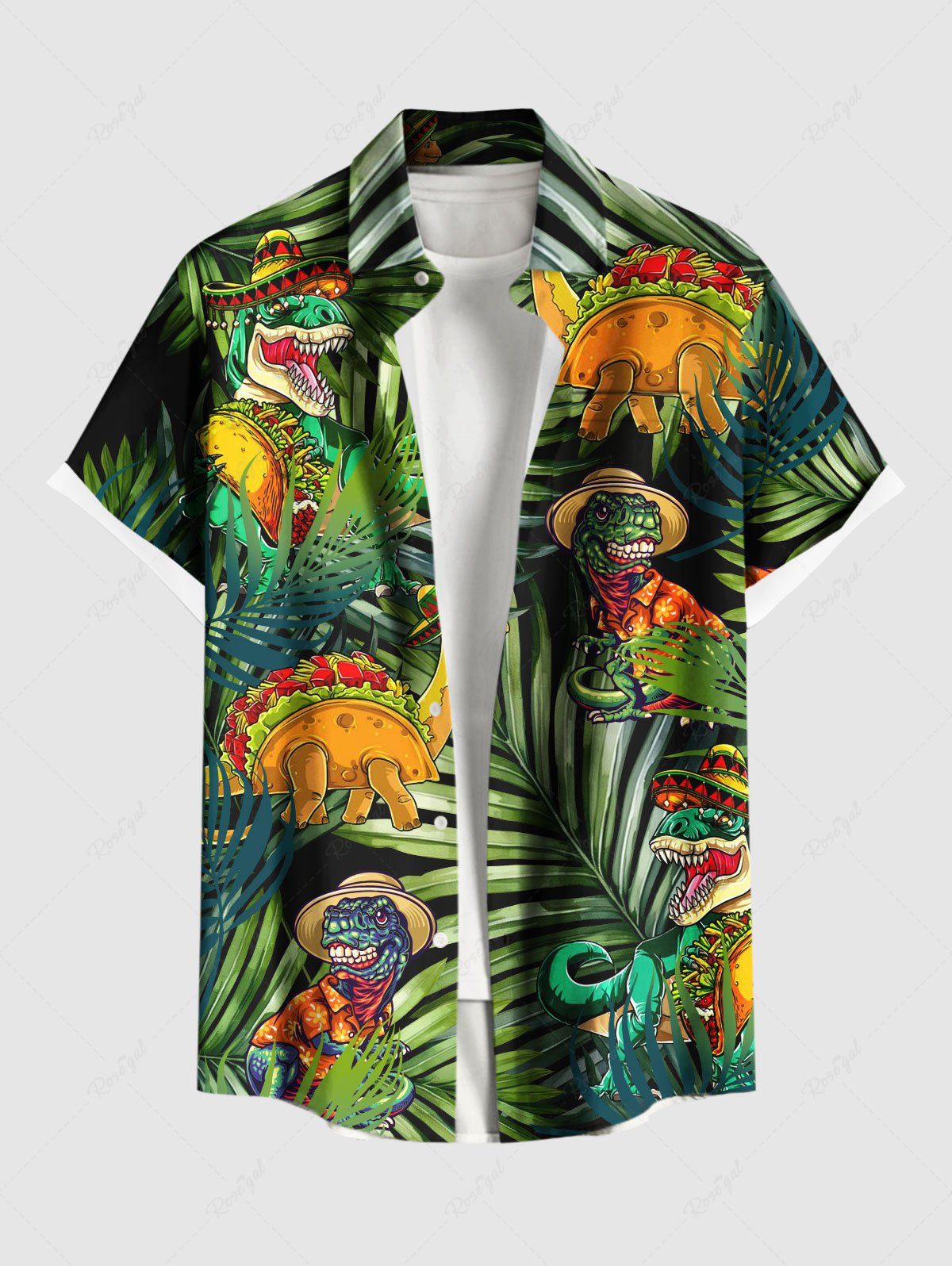 Trendy Plus Size Tropical Leaf Dinosaur Print Buttons Pocket Hawaii Shirt For Men  