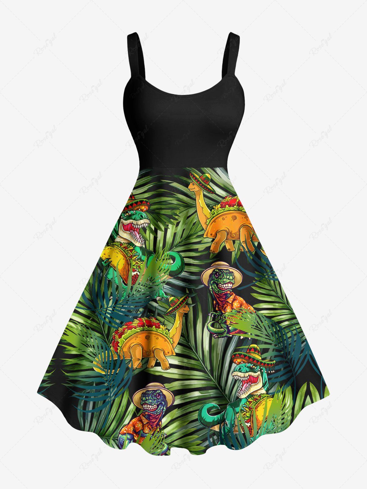 Latest Plus Size Tropical Leaf Dinosaur Print Hawaii Tank Dress  