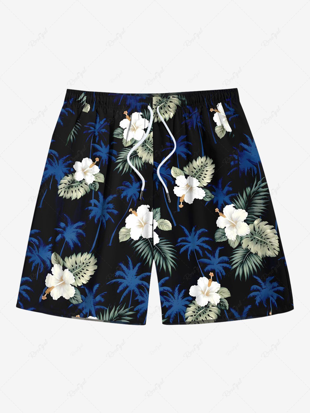 Hot Plus Size Coconut Tree Tropical Leaves Floral Print Hawaii Drawstring Beach Shorts For Men  