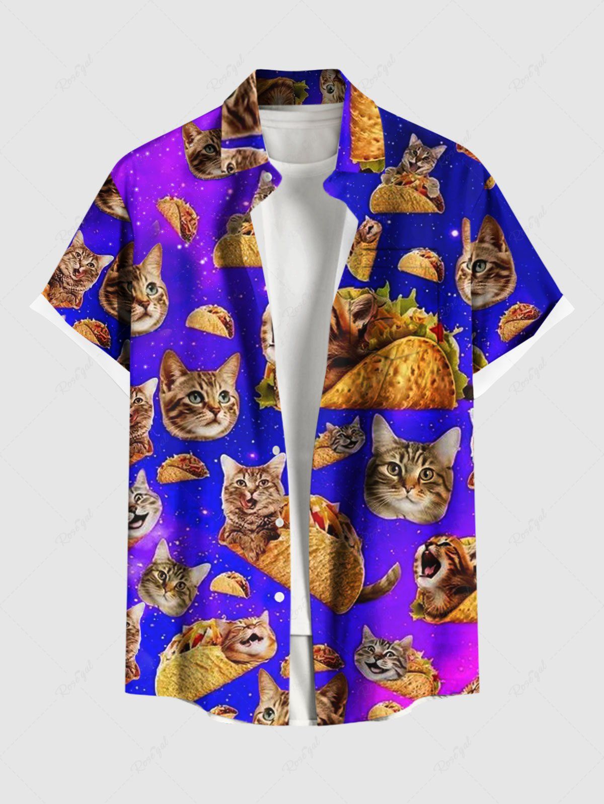 New Plus Size Galaxy Ombre Cat Potato Chips Print Buttons Pocket Hawaii Shirt For Men  
