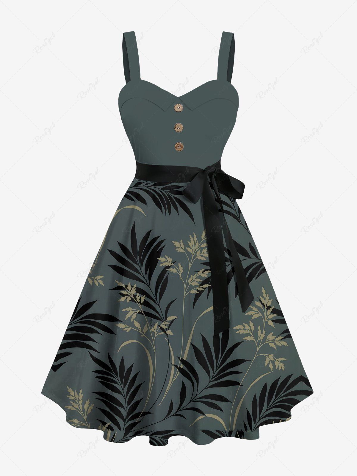 Outfit Plus Size Tropical Leaf Flowers Print Buttons Turn Down Collar Hawaii Dress With Belt  