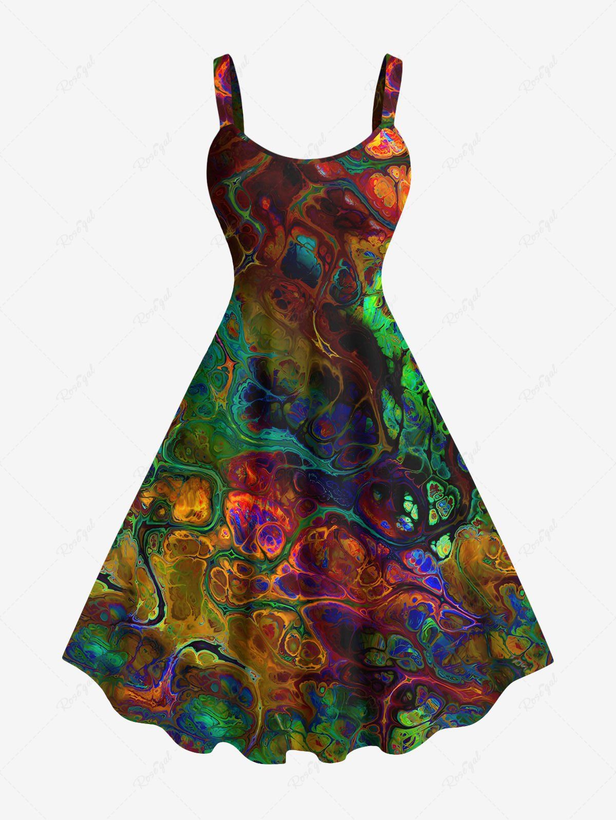 Trendy Plus Size Colorful Ocean Currents Tie Dye Print Hawaii Tank Dress  