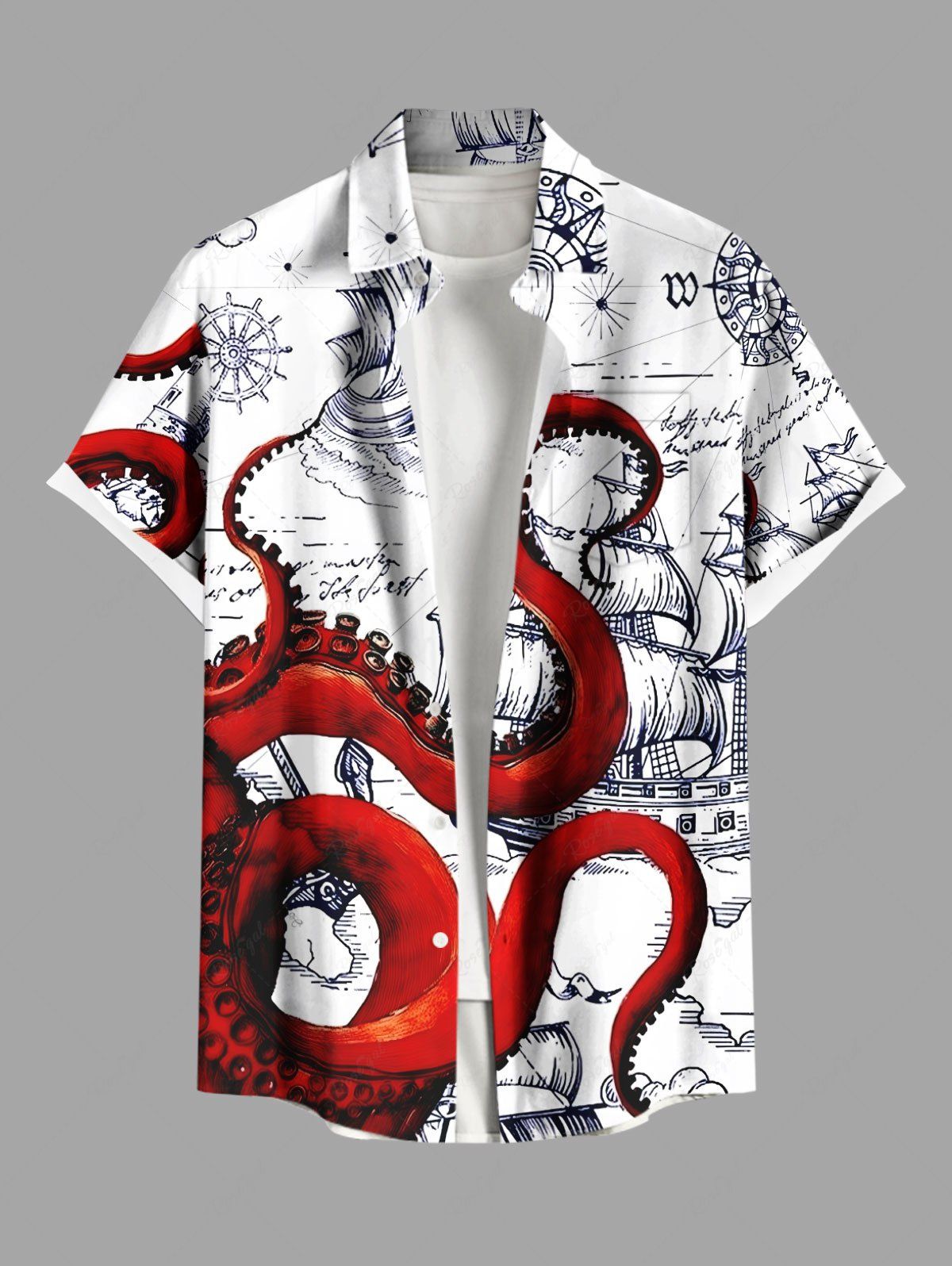 Sale Plus Size Octopus Sailboat Print Hawaii Cruise Button Pocket Shirt For Men  