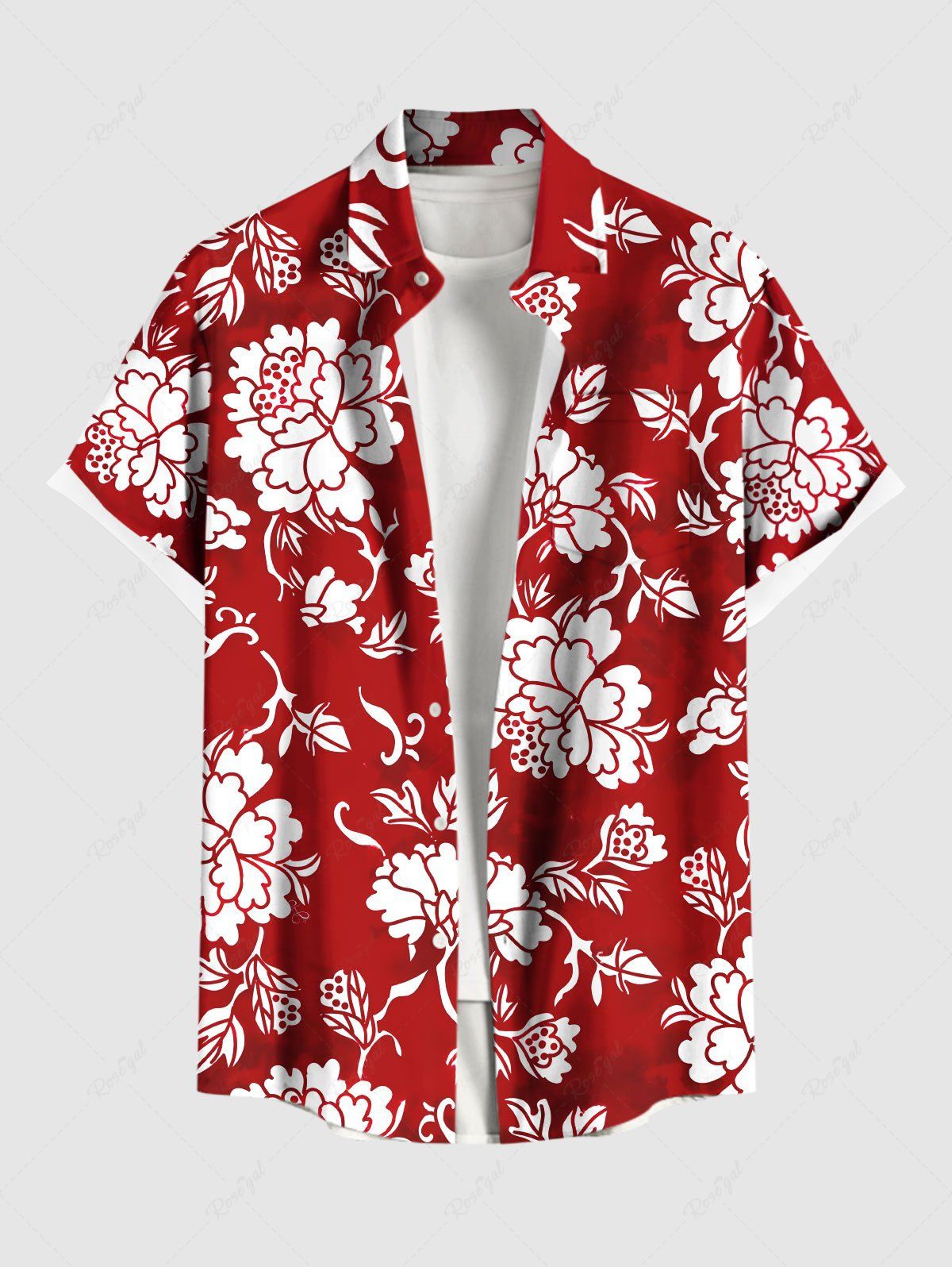 Latest Plus Size Floral Leaves Two Tone Print Hawaii Button Pocket Shirt For Men  