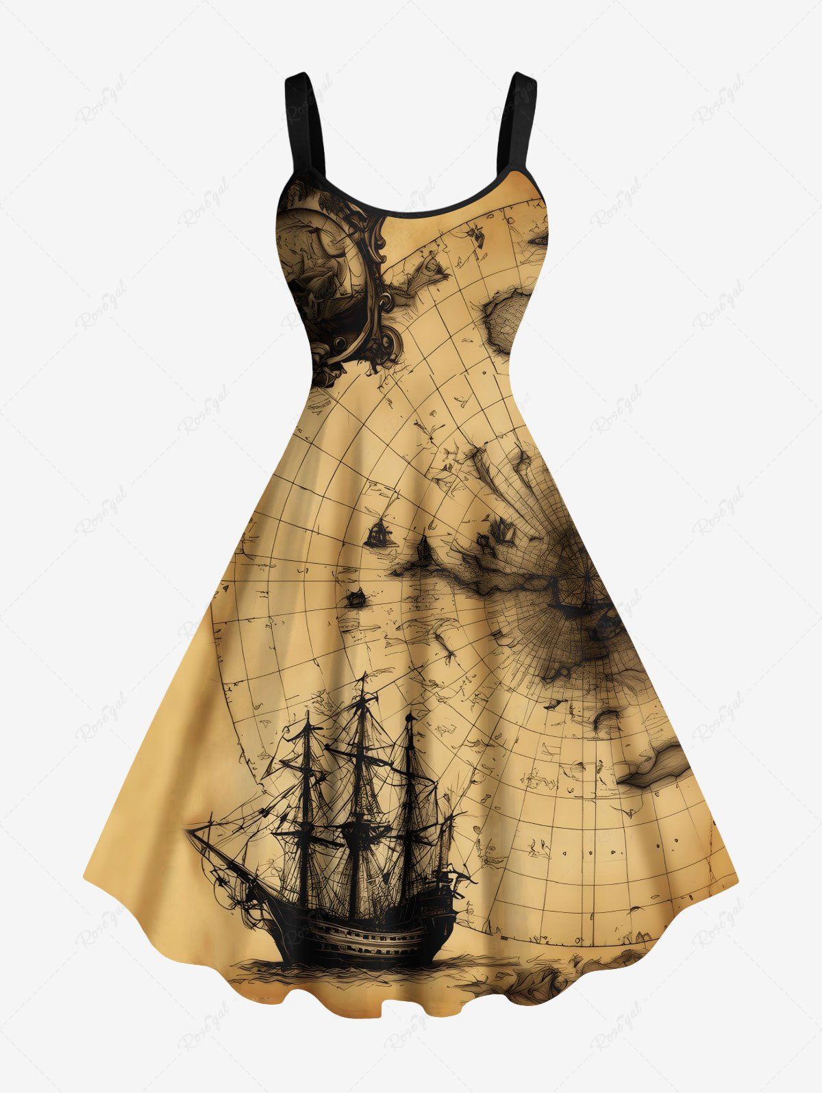 Shop Plus Size Distressed Vintage Map Sailboat Print Hawaii Cruise A Line Tank Dress  