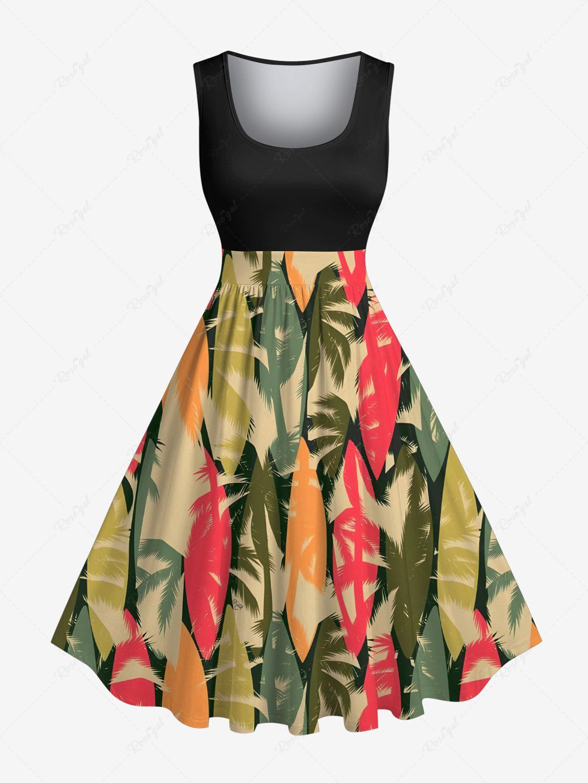 Store Plus Size Colorful Coconut Tree Colorblock Print Hawaii 1950s Vintage Swing A Line Dress  