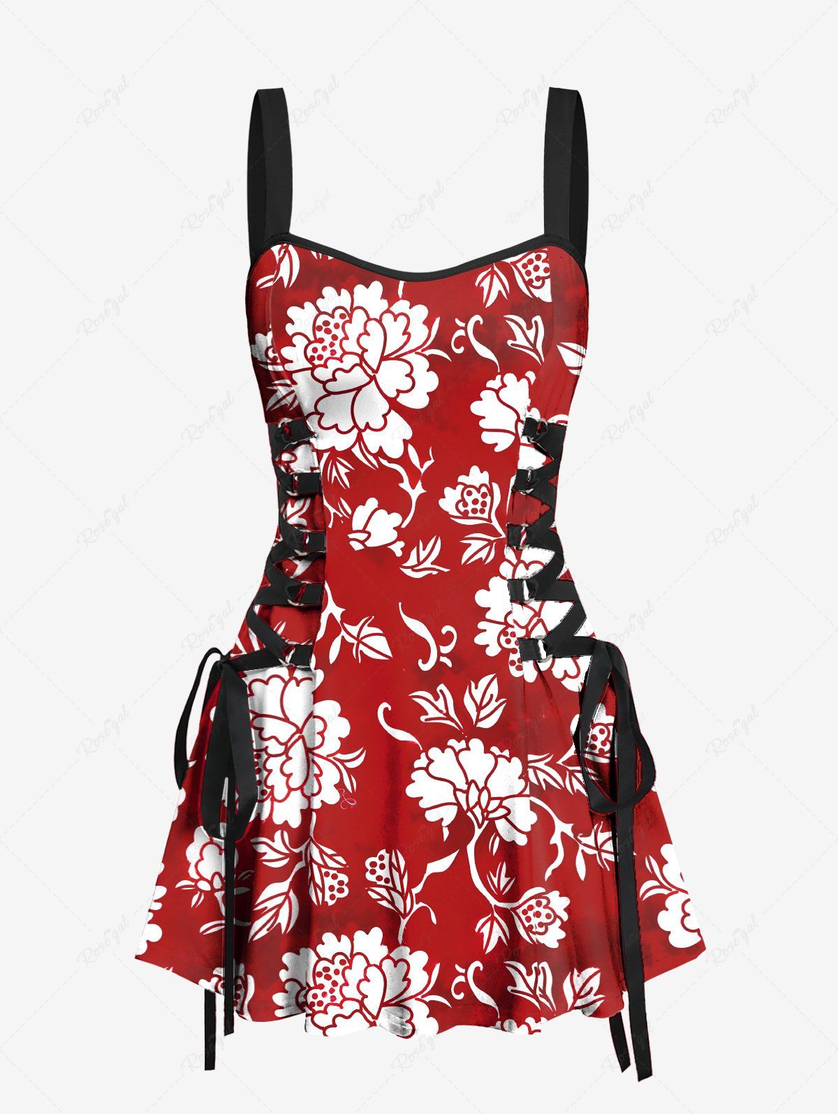 Sale Floral Leaves Two Tone Print Hawaii Lace Up A Line Tank Dress  