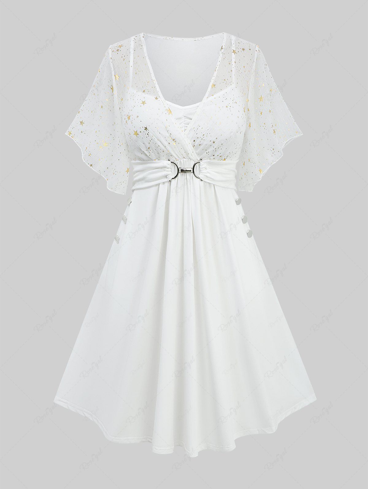 Sale Plus Size Stars Print Buckle Button Pockets Ruched Butterfly Sleeves Dress  