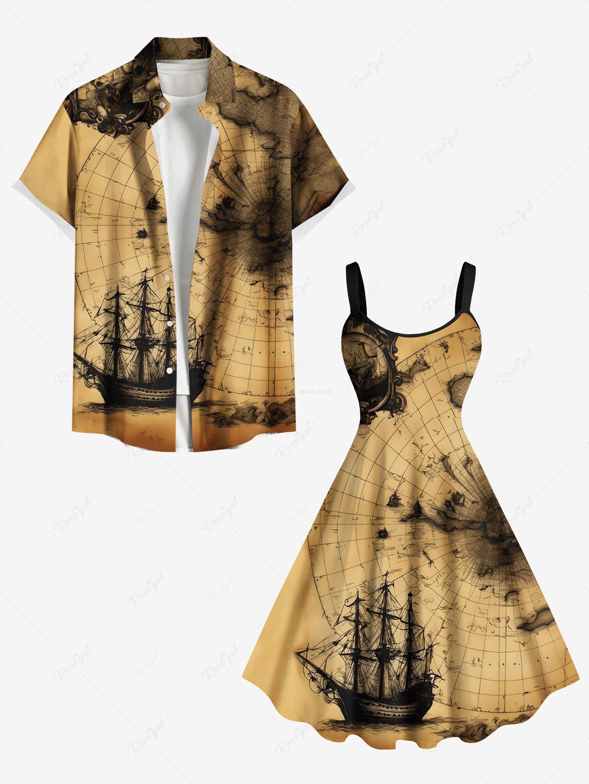Affordable Distressed Vintage Map Sailboat Cruise Print Plus Size Matching Beach Shirts and Dress Outfit For Couples  