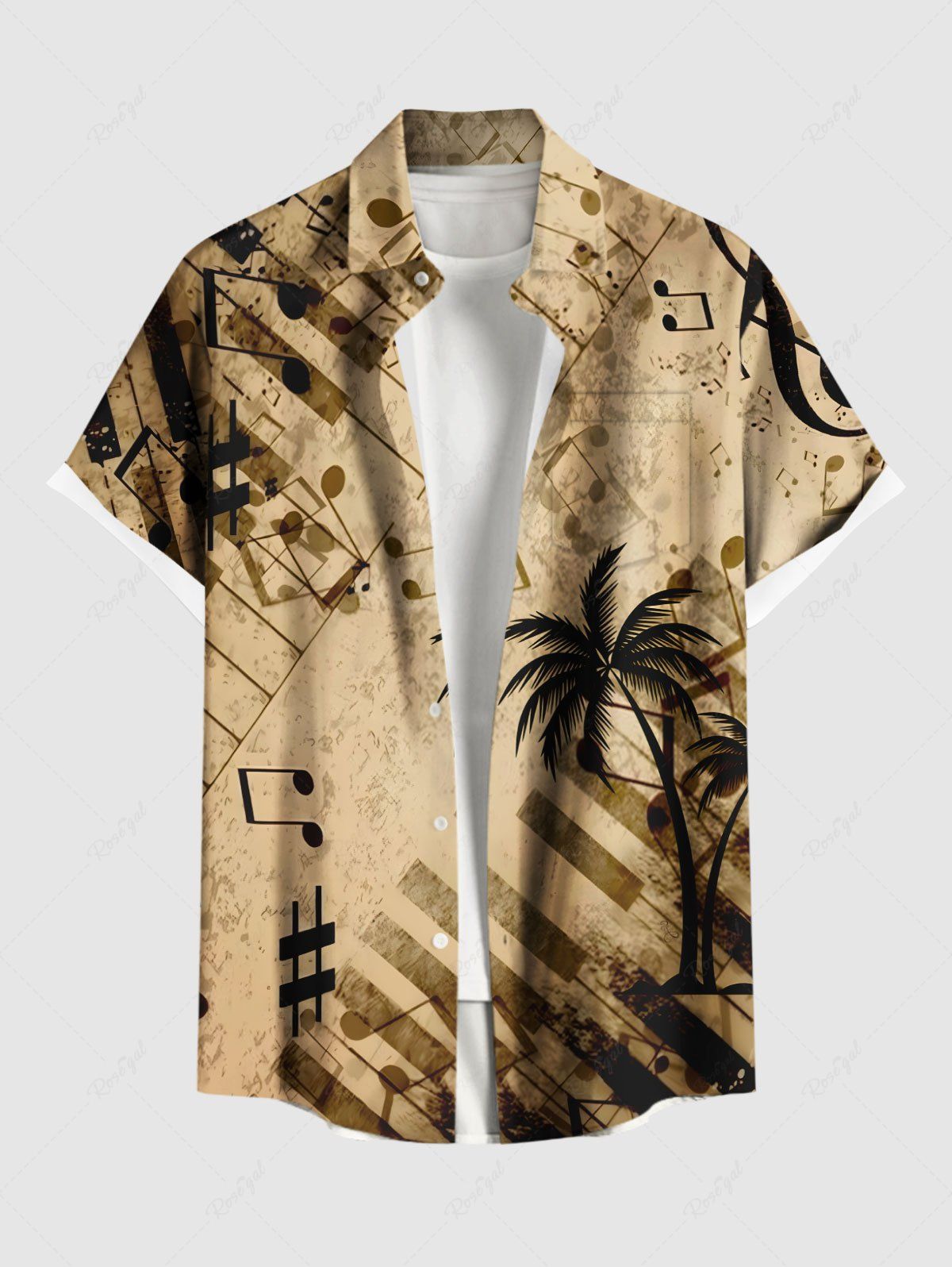 New Plus Size Distressed Coconut Tree Music Symbol Piano Print Hawaii Button Pocket Shirt For Men  