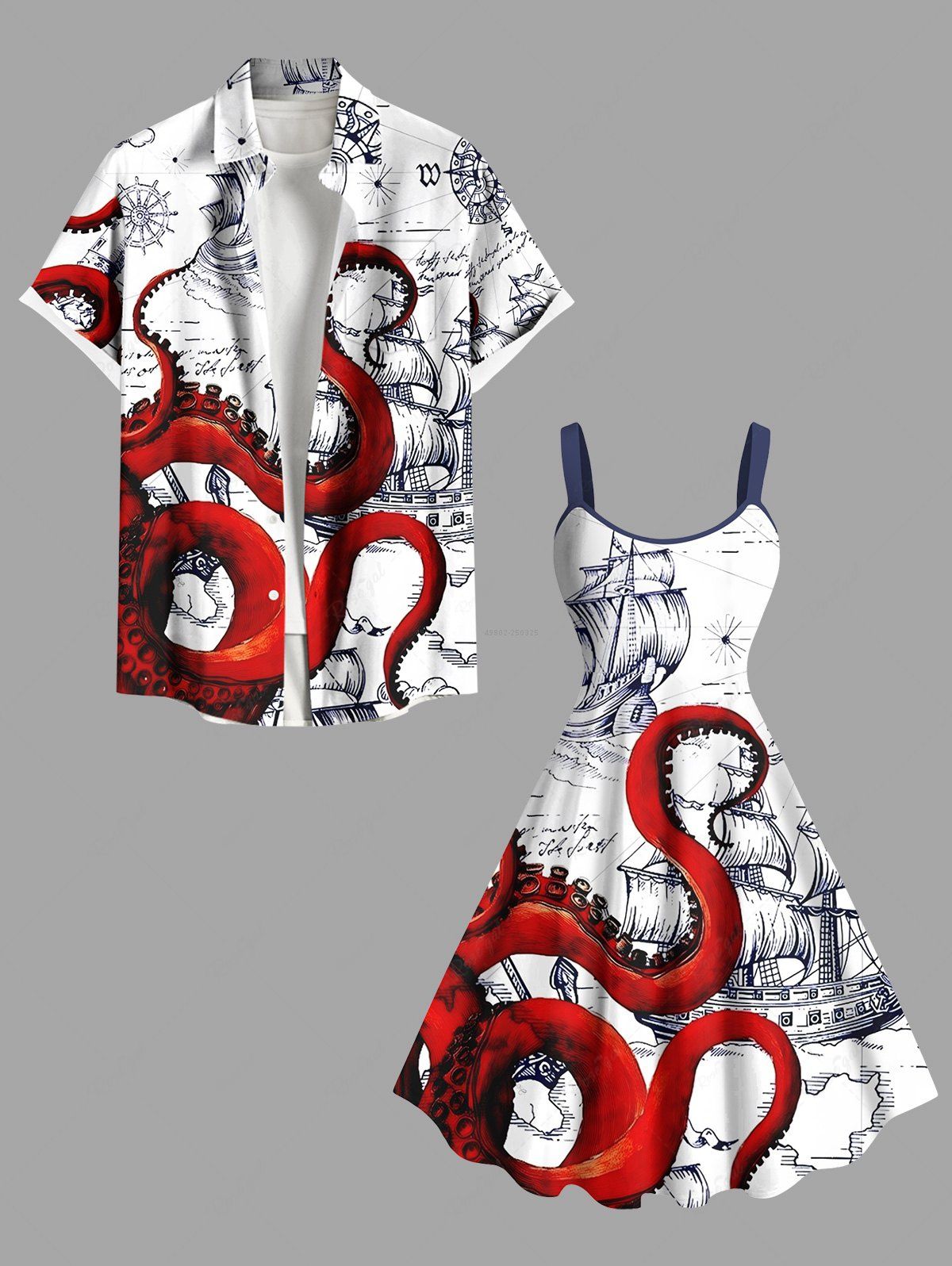 Sale Octopus Sailboat Cruise Print Plus Size Matching Beach Shirts and Dress Outfit For Couples  