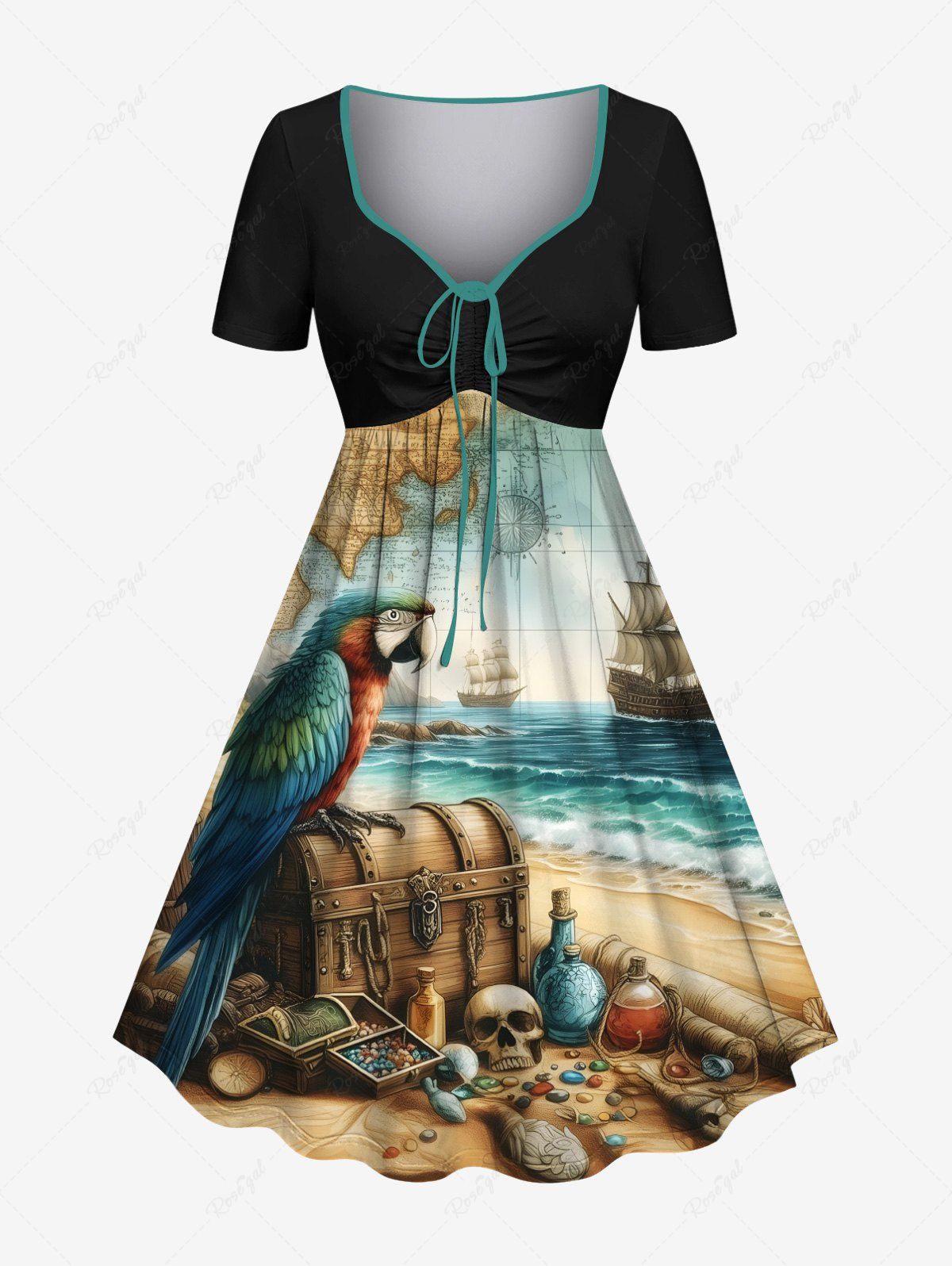 Affordable Plus Size Distressed Sailboat Sea Wave Map Parrot Treasure Chest Skull Print Hawaii Vintage Cruise Cinched A Line Dress  