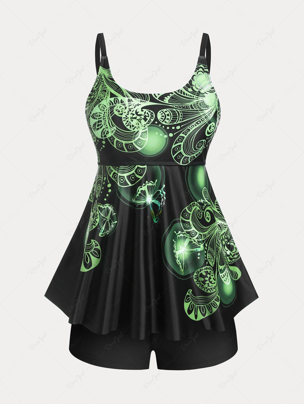 Affordable Plus Size & Curve Butterfly Padded Boyleg Modest Tankini  Swimsuit  