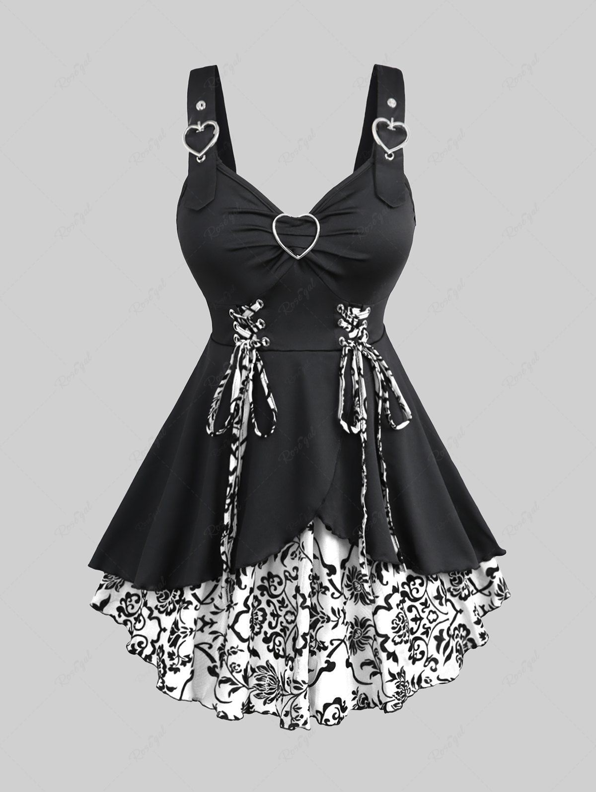 Fashion Plus Size Floral Flocking Tulip Hem Layered Ruffles Lace Up Ruched Heart Buckles Tank Top  