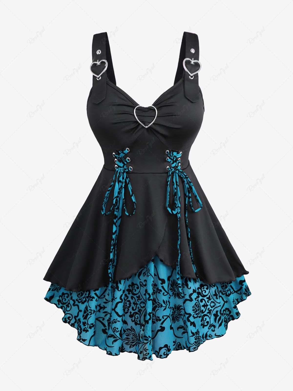 Online Plus Size Floral Flocking Tulip Hem Layered Ruffles Lace Up Ruched Heart Buckles Tank Top  