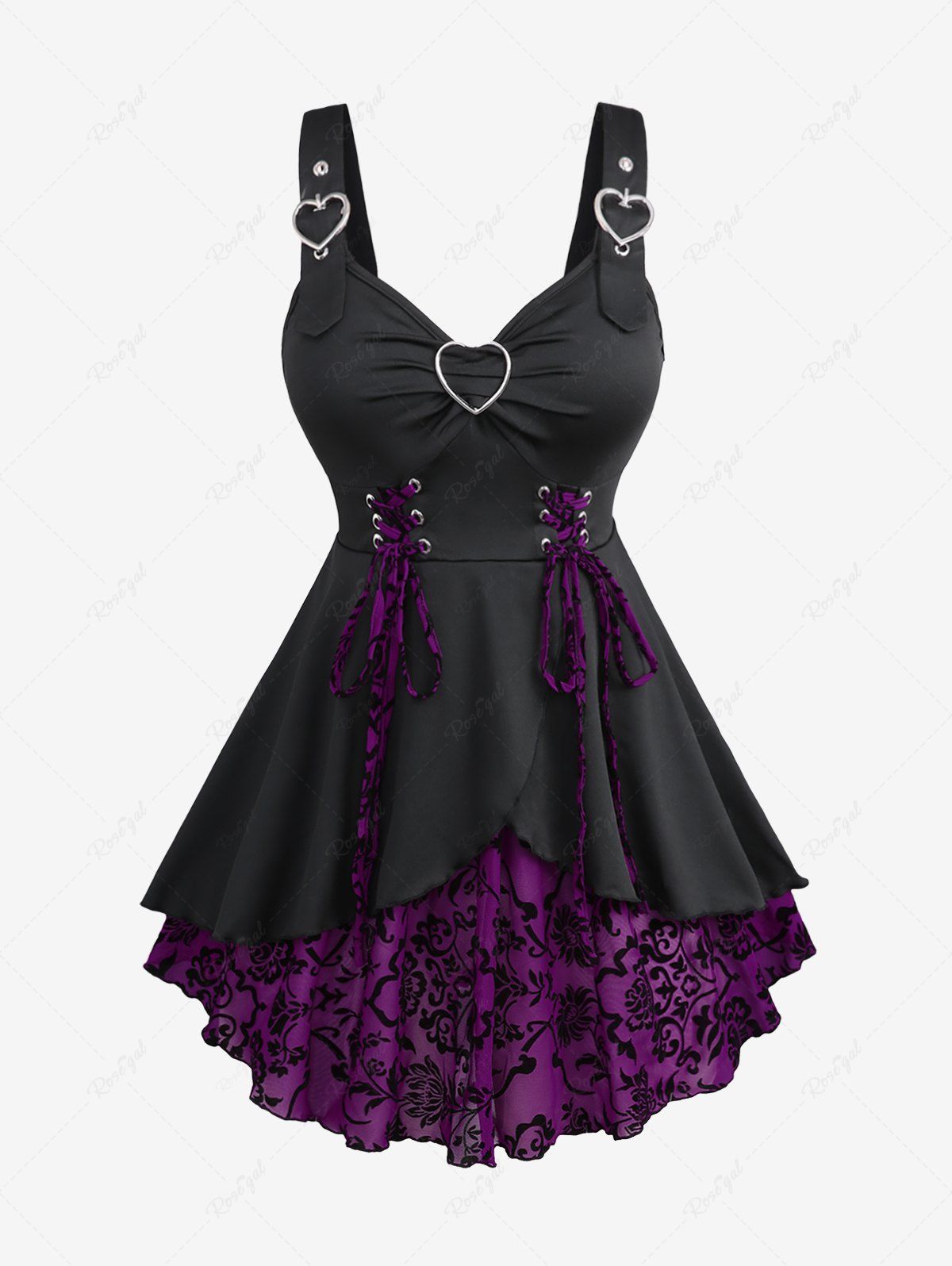 Hot Plus Size Floral Flocking Tulip Hem Layered Ruffles Lace Up Ruched Heart Buckles Tank Top  