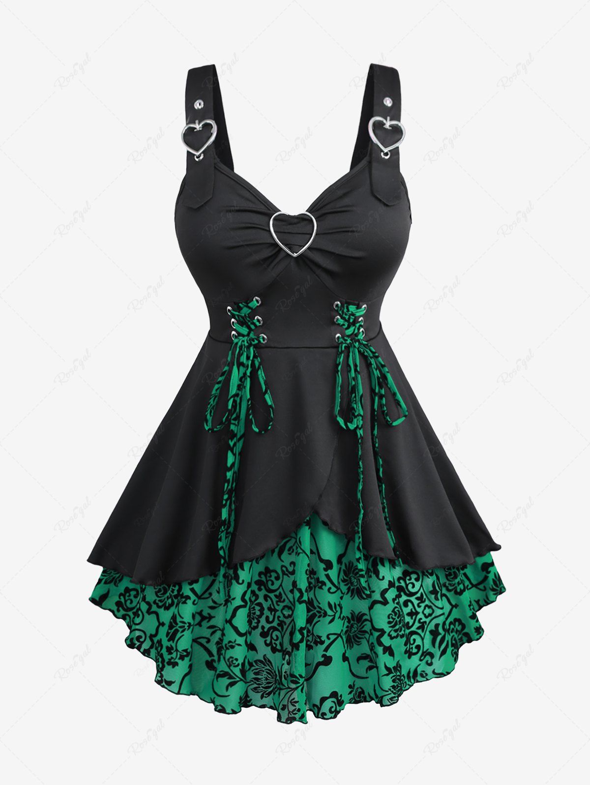 Trendy Plus Size Floral Flocking Tulip Hem Layered Ruffles Lace Up Ruched Heart Buckles Tank Top  