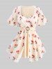 Cherry Fruit Waffle Plaid Print Buckle Crisscross Ruched Blouse and Appliques Leggings Plus Size Outfit -  