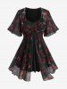 Flower Leaf Print Twist PU Strap 2 in 1 Blouse and Split Lace Up Pocket Flare Pants Plus Size Outfit -  