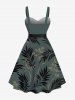 Plus Size Tropical Leaf Flowers Print Buttons Turn Down Collar Hawaii Dress With Belt -  