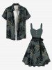 Plus Size Tropical Leaf Flowers Print Buttons Turn Down Collar Hawaii Dress With Belt -  