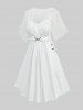 Plus Size Stars Print Buckle Button Pockets Ruched Butterfly Sleeves Dress -  
