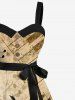 Plus Size Distressed Coconut Tree Music Symbol Piano Print Hawaii Turn-down Button A Line Dress with Removable Belt -  