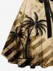 Plus Size Distressed Coconut Tree Music Symbol Piano Print Hawaii Turn-down Button A Line Dress with Removable Belt -  
