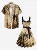 Plus Size Distressed Coconut Tree Music Symbol Piano Print Hawaii Turn-down Button A Line Dress with Removable Belt -  