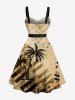 Plus Size Distressed Coconut Tree Music Symbol Piano Print Hawaii Turn-down Button A Line Dress with Removable Belt -  