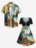 Plus Size Distressed Sailboat Sea Wave Map Parrot Treasure Chest Skull Print Hawaii Vintage Cruise Cinched A Line Dress -  
