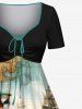 Plus Size Distressed Sailboat Sea Wave Map Parrot Treasure Chest Skull Print Hawaii Vintage Cruise Cinched A Line Dress -  