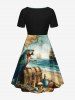 Plus Size Distressed Sailboat Sea Wave Map Parrot Treasure Chest Skull Print Hawaii Vintage Cruise Cinched A Line Dress -  