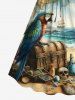 Plus Size Distressed Sailboat Sea Wave Map Parrot Treasure Chest Skull Print Hawaii Vintage Cruise Cinched A Line Dress -  
