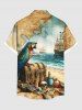 Plus Size Distressed Sailboat Sea Wave Map Parrot Treasure Chest Skull Print Hawaii Vintage Cruise Shirt For Men - café M