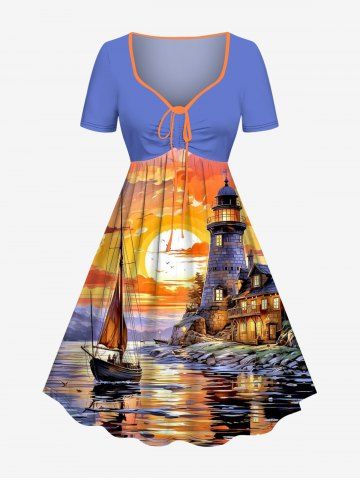 Plus Size Seascape Sun Cloud Lighthouse Ship Print Cinched Hawaii Dress - ORANGE - M