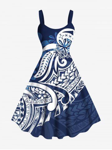 Plus Size Floral Pattern Print Hawaii Tank Dress - BLUE - 4X