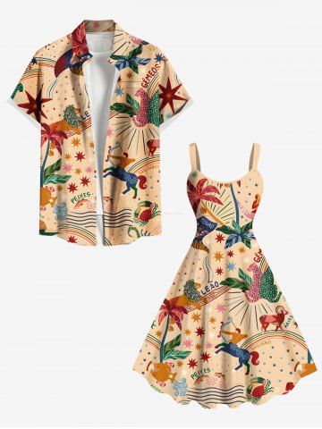 Colorful Coconut Tree Leopard Stars River Rainbow Print Plus Size Matching Hawaii Beach Outfit For Couples