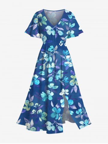 Plus Size Flowers Leaf Print Split Hawaii Midi Dress - BLUE - M