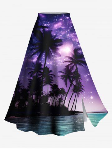 Plus Size Coconut Tree Sea Ombre Galaxy Print Hawaii Split A Line Skirt - PURPLE - XS