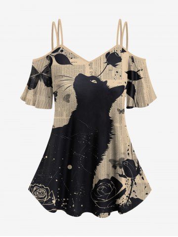 Plus Size Ink Painting Rose Flower Leaf Butterfly Cat Newspaper Print Cold Shoulder Cami T-shirt - LIGHT COFFEE - 3X